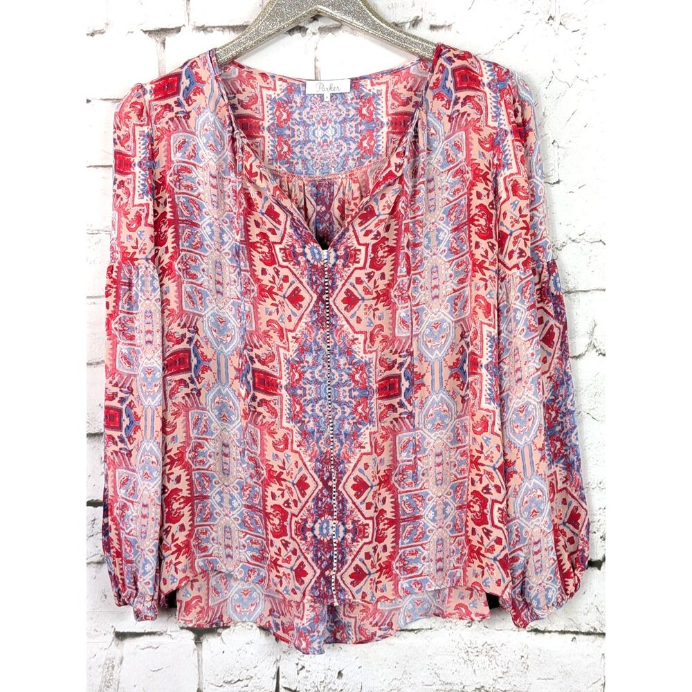 PARKER 100% Silk Peasant Boho Top Floral Flowy Hippie Indie Lightweight Medium